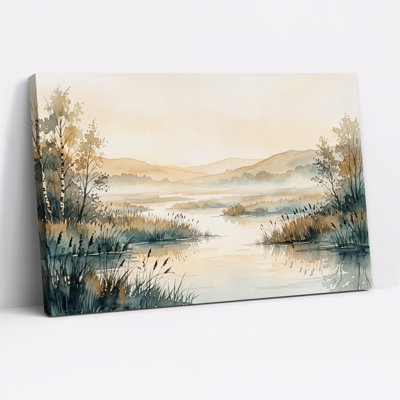 Tableau sur toile aquarelle « Rivière brumeuse et collines »