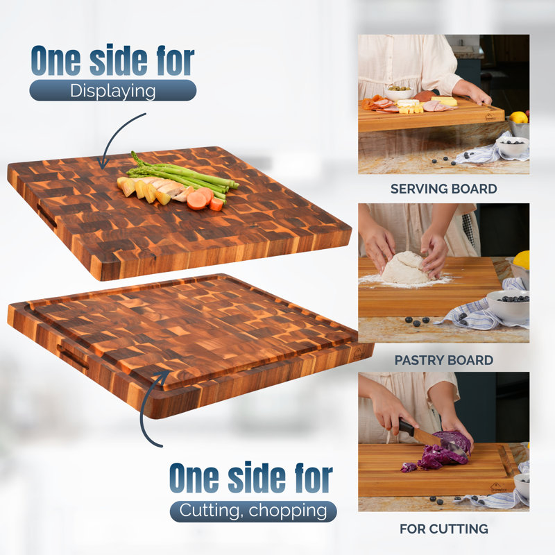 Howard End Grain Acacia Solid Wood Cutting Board - Reversible Extra Large Butcher Block with Juice Groove and Easy Grip Handle for Chopping, Serving, and Meal Prep