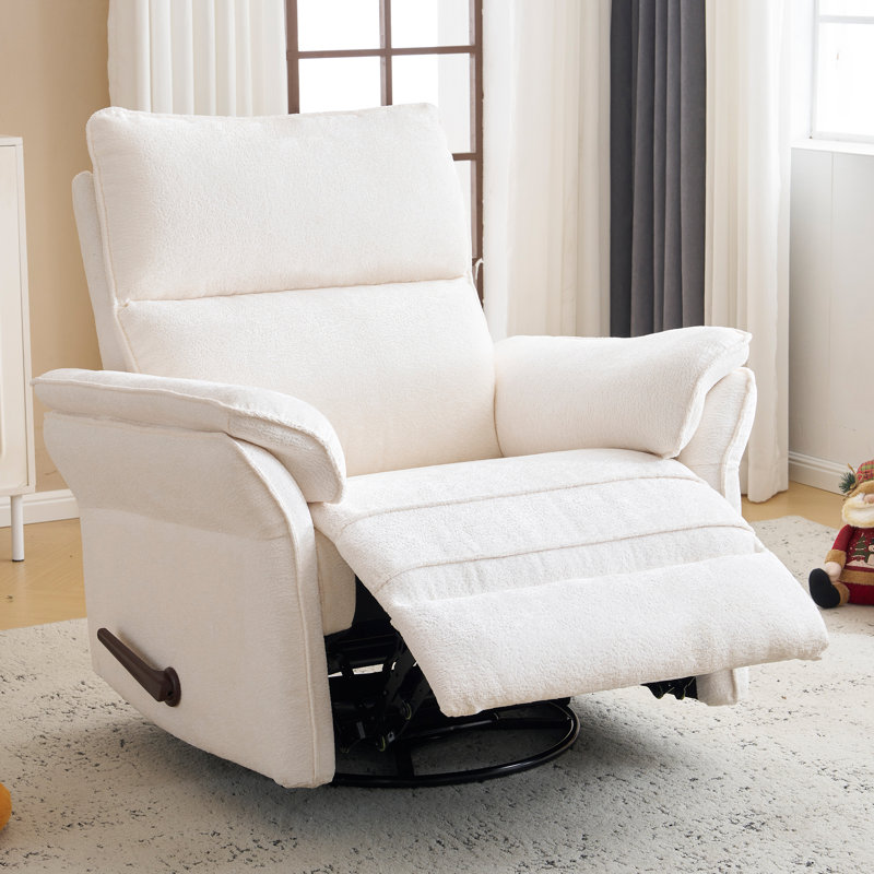 Oversized Recliner Chair, 26" Extra Wide 360° Swivel Rocker Recliner with Adjustable Headrest, Chenille Glider Rocking Nursery Chair with Overstuffed Armrest, Lumbar Support，White