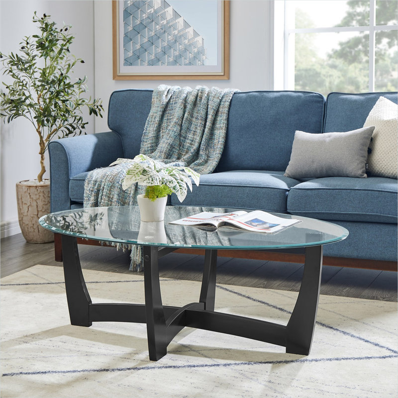 Table basse avec plateau ovale en verre trempé sur un élégant cadre en bois massif noir, table centrale compacte de 48 pouces pour le salon et les petits espaces