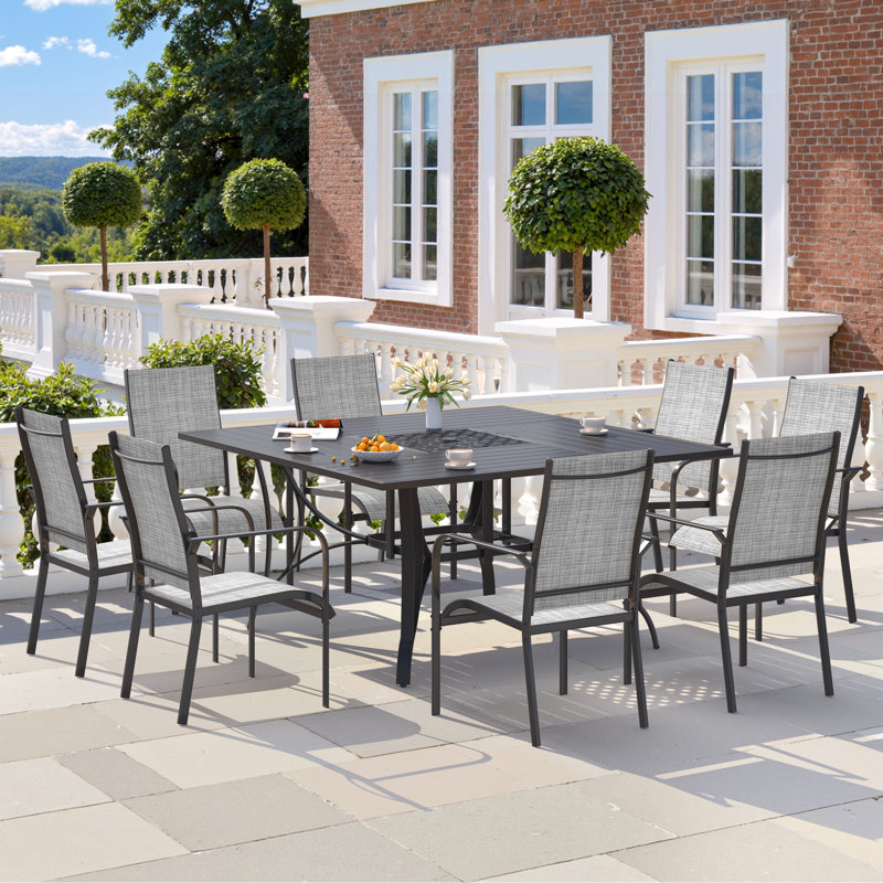 9 Piece Patio Dining Set, Outdoor Dining Table And Chairs Set For 8, 8 PVC-coated polyester Chairs, 1 Iron Square Table With Adjustable Umbrella Hole, Patio Furniture Set For Deck, Backyard, Lawn, Poolside