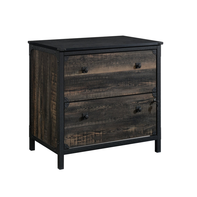 Industrial Lateral File With A Lockable Drawer, Brown Finish