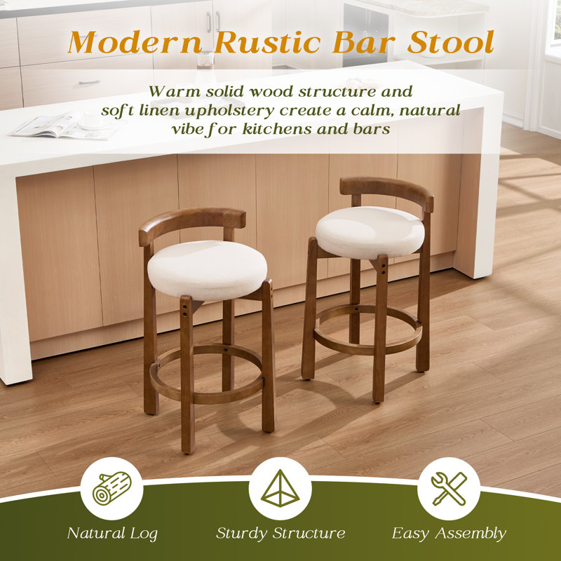 Mid-Century Beige Linen Bar Stools Set of 4 - Counter Height Stools 25.5 Seat Height With Low Back & Soild Wood Frame, Upholstered Cushion Kitchen Bar Stools for Counter