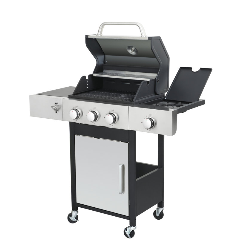3 barbecues au gaz propane avec brûleur latéral, grilles en fonte émaillée et 3 brûleurs à flamme en acier inoxydable, roulettes portatives