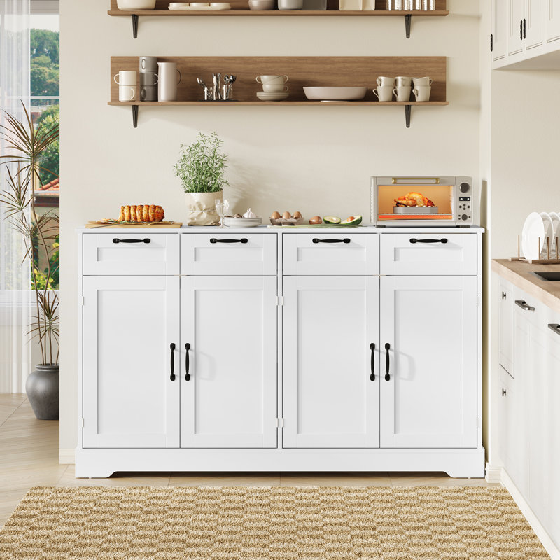Buffet 58,7 pouces, crédence de rangement blanche avec station de charge, 4 tiroirs et 4 portes
