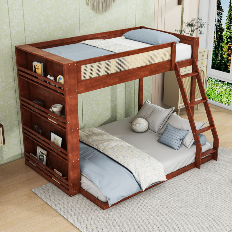 Lit mezzanine simple au dessus d'un lit double en bois avec tablettes intégrées et éclairage DEL, Espresso