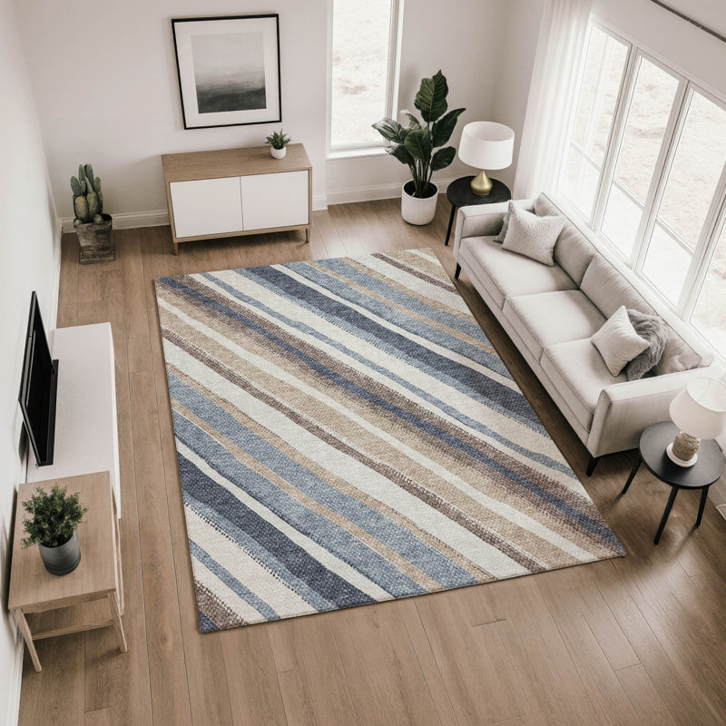 Premium Machine Washable Mayfield AMF2282 Striped Rug, Denim, 8' x 10'