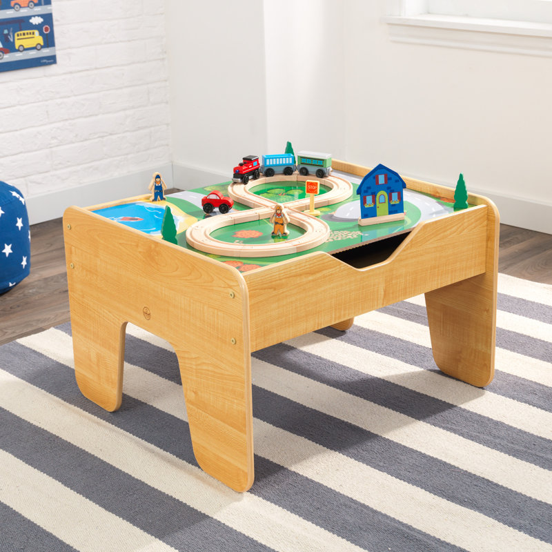 2-in-1 Wooden Activity Table with Board, Train Set and 195 Bricks, Natural