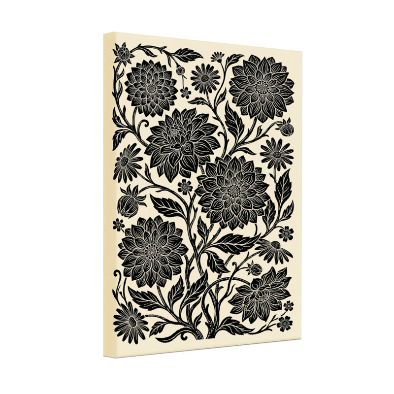 Plantes et fleurs à motif floral noir sur fond crème, H 24 po x l 16 po