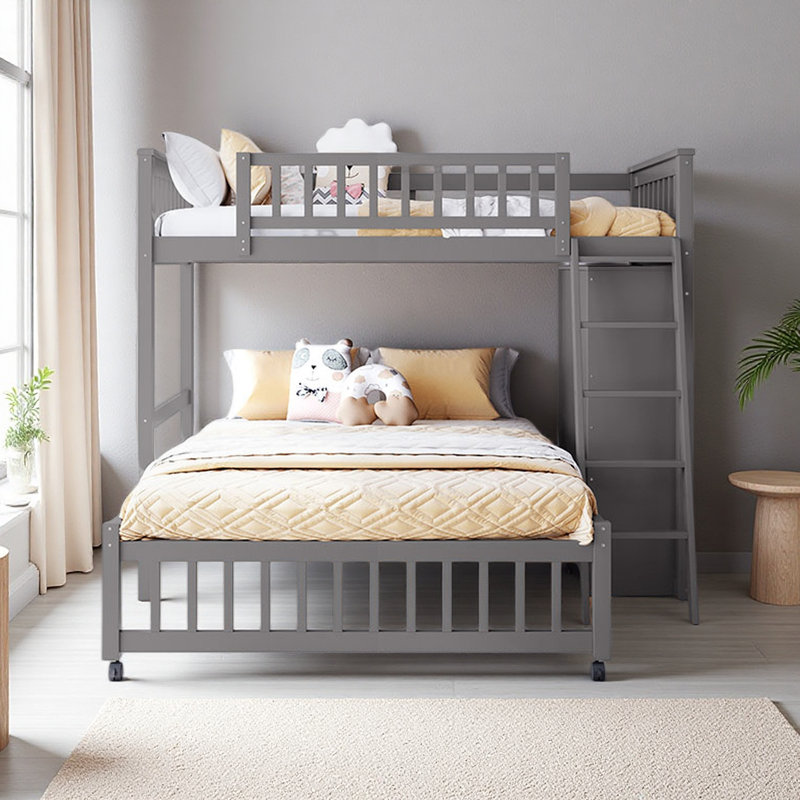 Lit superposé simple au-dessus de double en bois avec six tiroirs et tablettes flexibles, lit inférieur avec roulettes, Gris