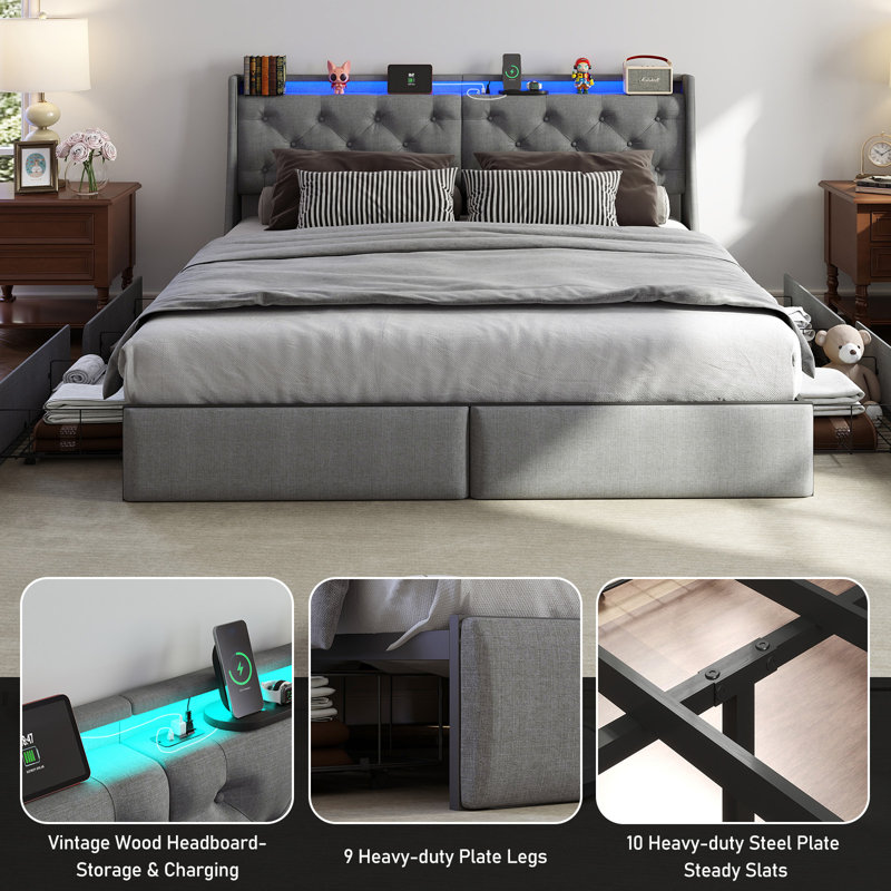 Upholstered Bed Frame with 4 Drawers, Bed with Storage Headboard, Charging Station and LED Lights, King