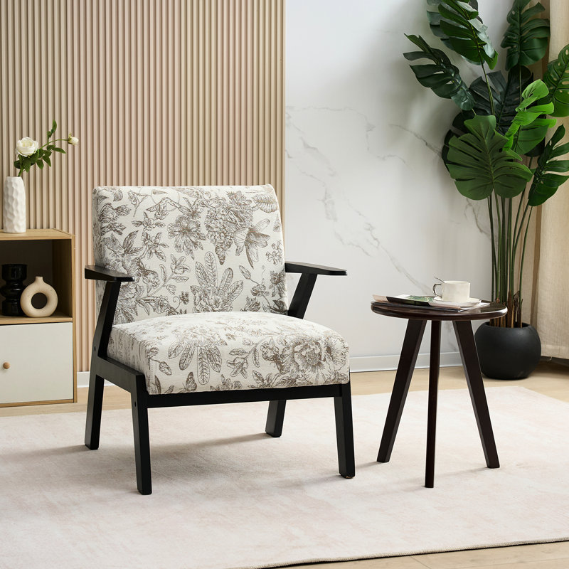 Fauteuil de style Mid-Century, coussin de siège beige et gris, brodé, fonction confort, capacité de poids de 350 lb, structure en bois d'hévéa, idéal pour le salon, fauteuil moderne de 23,97 lb avec + confortable