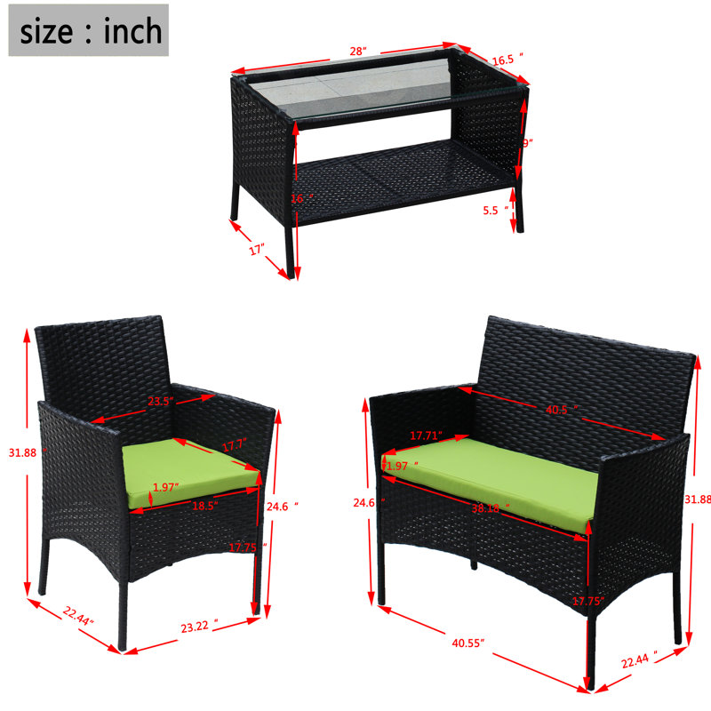 Ensemble de 4 chaises de patio: table à thé rembourrée, fauteuils et (table d'extérieur: fauteuils, coussins, Vert