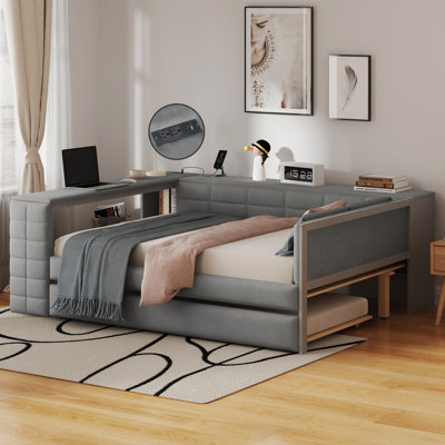 Full Size Upholstered Platform Bed With Gray Upholstery, Built - In Storage, Desk, Charging Ports And Trundle For Space Saving Bedroom Storage Shelves, 2 Standard Plug Outlets Multi Purpose