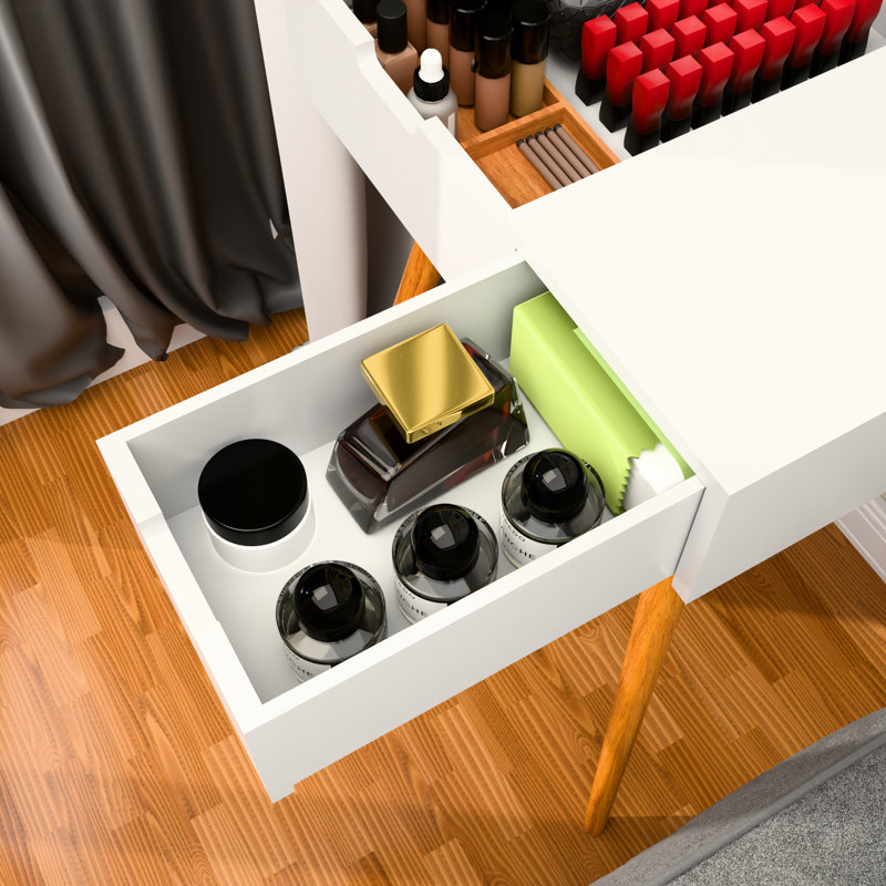 Table de coiffeuse avec miroir à DEL tricolore et grand espace de rangement, utilisation polyvalente dans la chambre à coucher, le bureau, le bureau, la petite commode blanche à 2 tiroirs, pratique pour la décoration intérieure