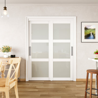 80 Inch White 3-Lite Frosted Tempered Glass Sliding Closet Door with Hardware & King Size Handles
