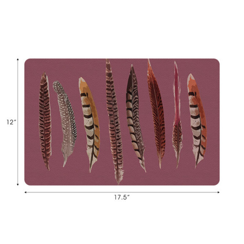 Pheasant Feathers Vegan Leather Rectangle Pebble Placemat, Mauve