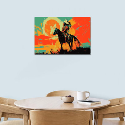 Adrian, chef indien à cheval, plume, coiffe, peinture, impressions sur toile, art mural sud-ouest coloré pour le salon, la chambre à coucher, 12 x 16 pouces