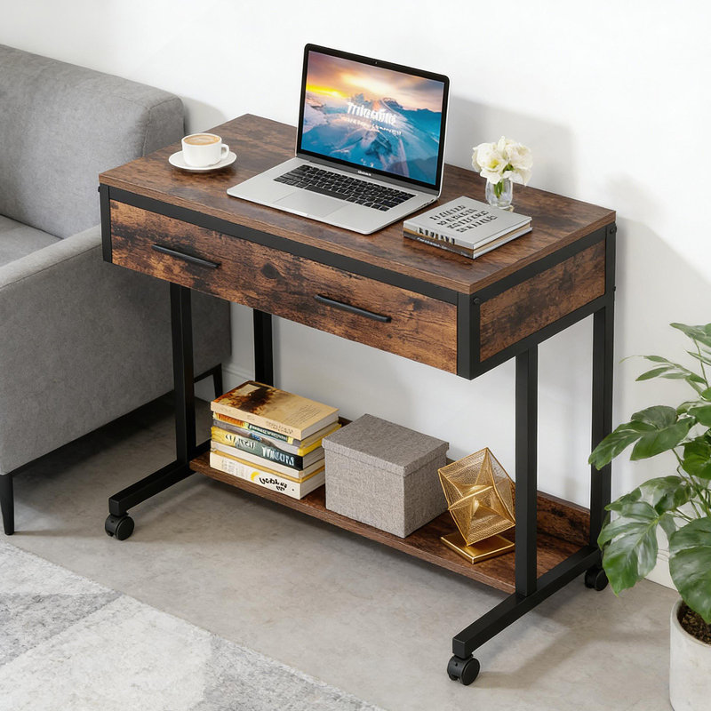 Table de bureau, bureau compact avec roues, bureau d'écriture à hauteur réglable, table basse mobile