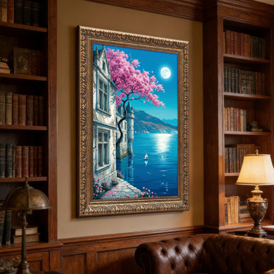 Art mural en toile noyer doré encadré pour salon, chambre à coucher, bureau ou vestibule - décoration murale décorative avec château clair de lune