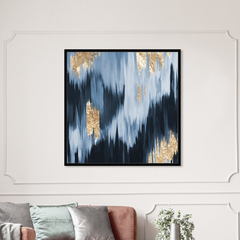 Abstract Gold Blue Fall Paint - Single Picture Frame Print, Flat Black Framed, 12" H x 12" W x 1.5" D