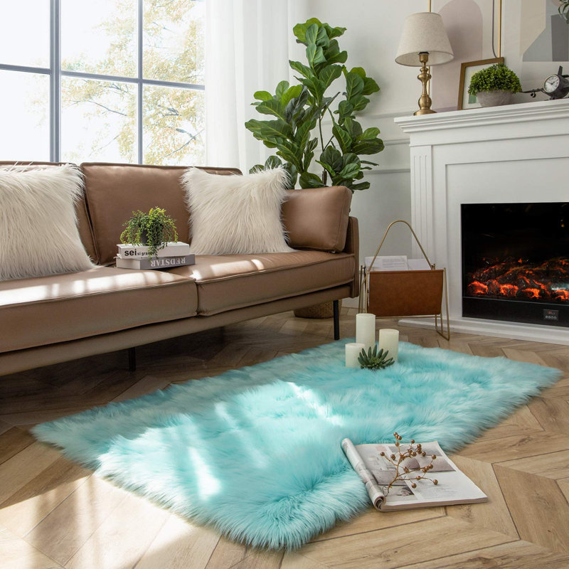 Tapis à poils longs Haja Turquoise, Rectangle 3 pi x 5 pi
