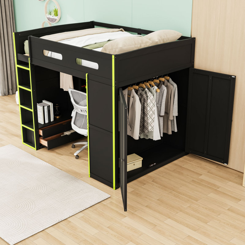 Full Wood Loft Bed With Desk, Wardrobe And LED Light, Green