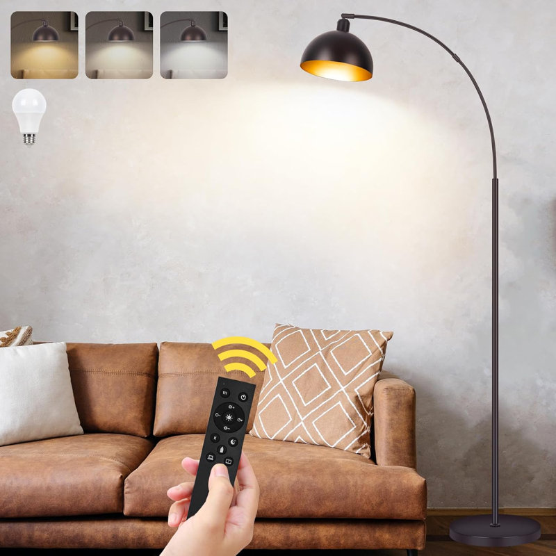 Arc Floor Lamp With Dimmable LED Bulb, Remote Control & Color Adjustment For Living Room, Black