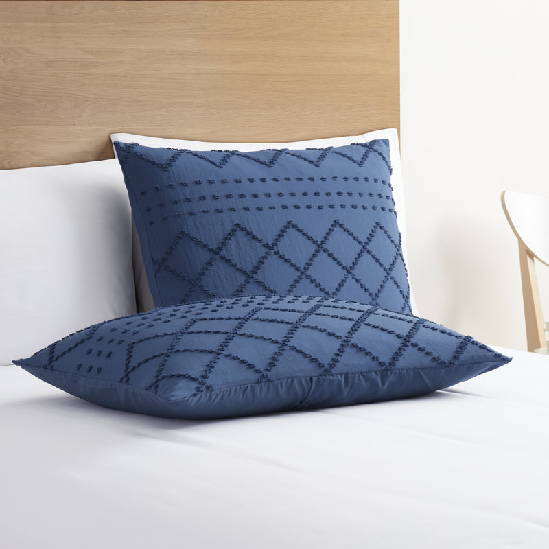 Navy Blue Microfiber Queen Pintuck Boho Duvet Cover Set