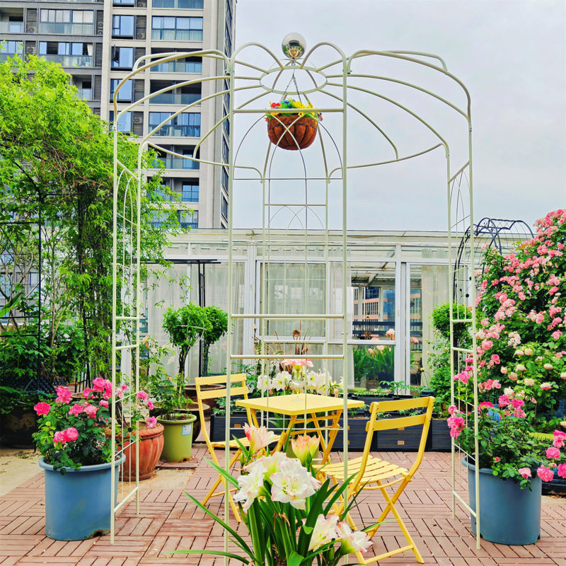 Pavillon de jardin en métal en forme de cage de pergola en forme de cage à oiseaux 81,7 po x 114,2 po, Cream White