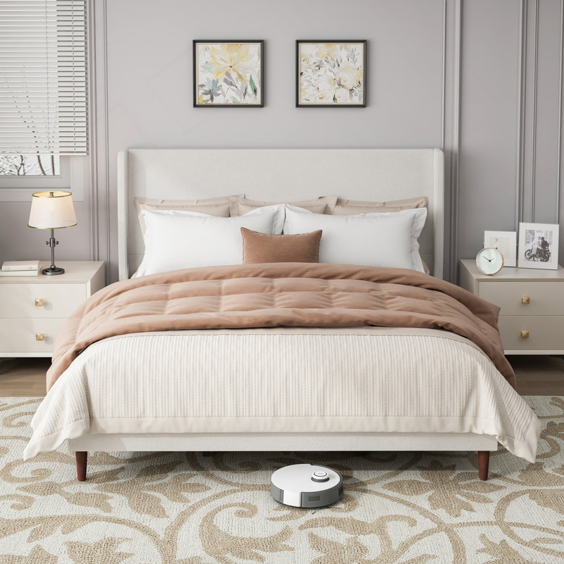 High Headboard Upholstered Bed, King Size Bed Frame, 12-Slat Support, Easy to Assemble,Light Grey , Chenille Cloth, No Box Spring Needed