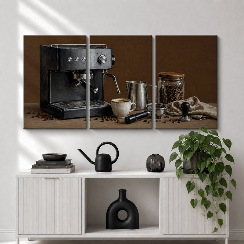 «Black Espresso Machine Coffee Bar», art de cuisine, impression sur toile encadrée, 3 pièces, H 24 po x l 48 po x P 1,5 po