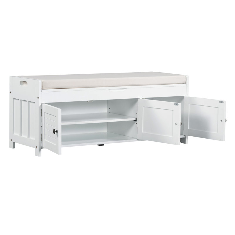 TREXM Storage Bench With 3 Shutter-Shaped Doors, Shoe Bench With Removable Cushion And Hidden Storage Space (White, OLD SKU: WF284226AAK)