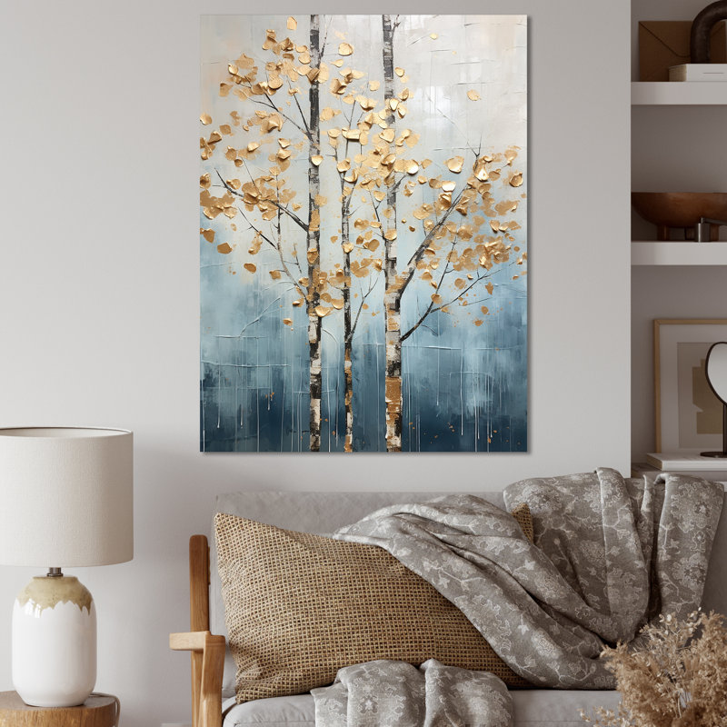 Décoration murale Harmony III - arbres dorés et bleus, H 40 po x l 30 po x P 1,5 po, Toile tendue