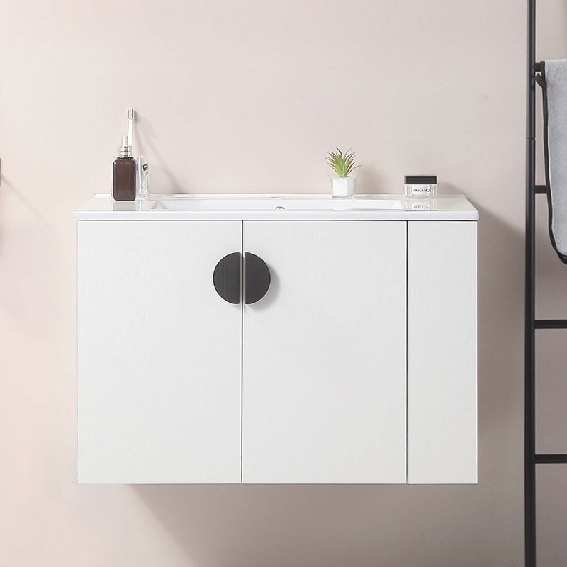Meuble-lavabo de salle de bain avec lavabo, 2 portes et tablette de rangement ouverte, Blanc
