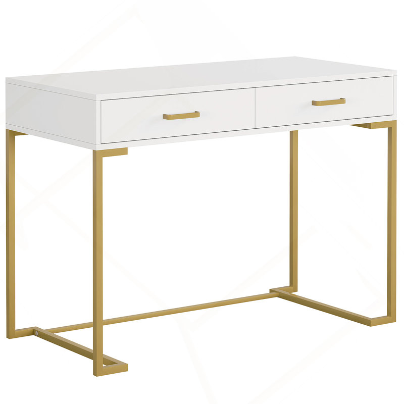 40” White And Gold Computer Desk With 2 Drawers, Modern Home Office Desk, Compact Writing Table, Vanity Desk For Small Spaces, Metal Frame, Minimalist Style