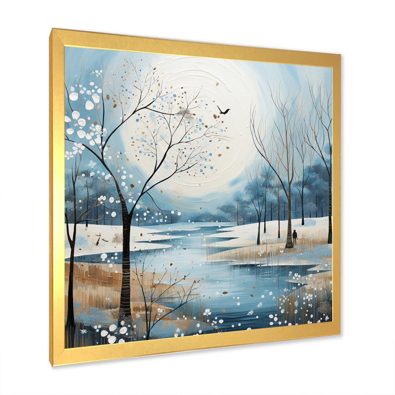 Impression de pointillisme hivernal scandinave bleu et blanc moderne, Cadre doré à une seule photo