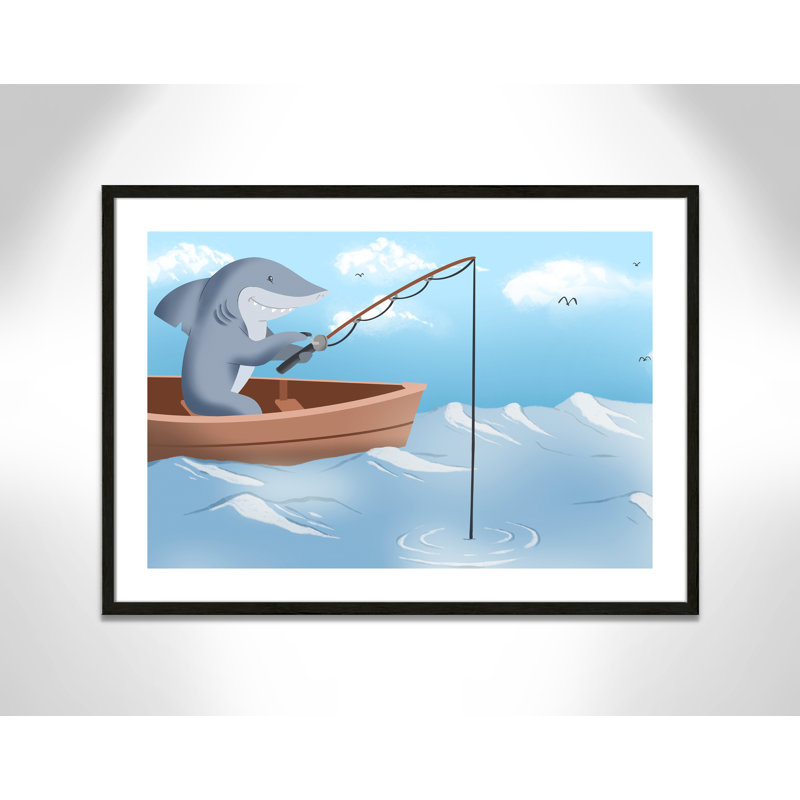 Impression sur papier «Gone Fishing», H 24,5 po x l 34,5 po x P 1,18 po, Encadré de boîte à grain de bois noir