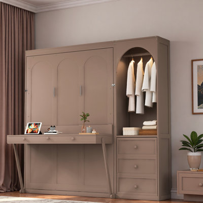 Murphy Bed with Stoarge Shelf, Desk, LED Light, Wardrobe and 3 Drawers