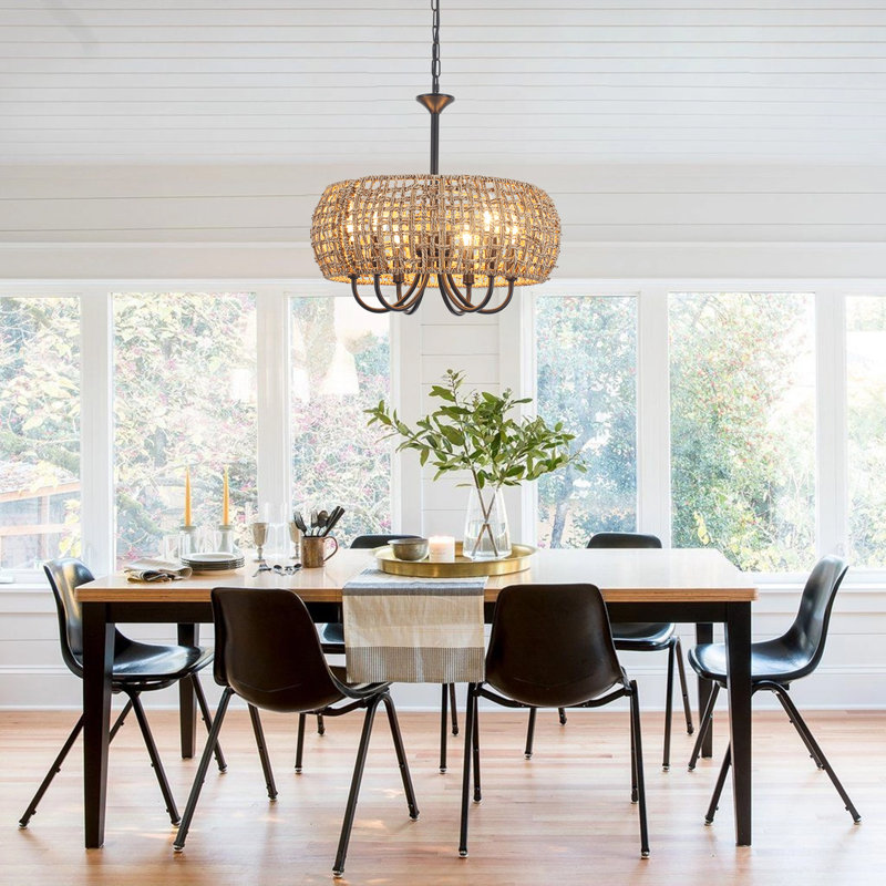 6- Light Dimmable Drum Chandelier Natural Rattan Bohemian Pendant, Matte Black