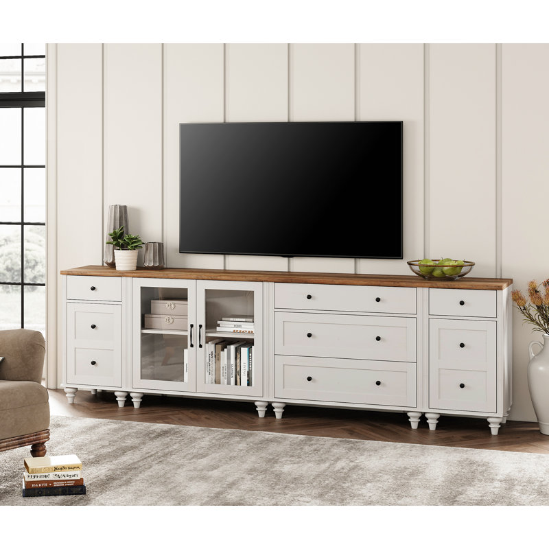 Scarlett Large TV Stand For 85 Inch TV, LED TV Console Table For 85 Inch TV, Entertainment Center With Charging Station&Glass Door, Kitchen Sideboard Buffet Cabinet For Dining Room