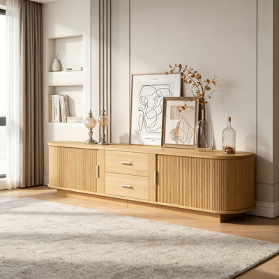Modern TV Stand with Drawers, Hidden Sliding Storage, Rounded Corners, and Waterproof Surface