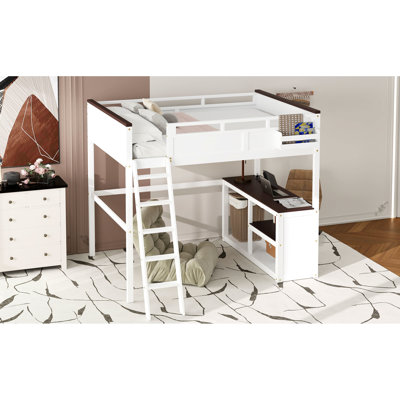 White Queen Size Loft Bed With Desk, Storage Compartments, And An Open Shelf - , Features, Spacious Work Area