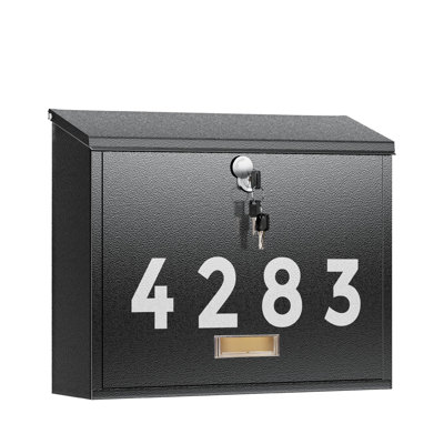 Boîte aux lettres murale verrouillable pour l'extérieur, avec 4 clés, boîte aux lettres en acier galvanisé antirouille en métal, P 4 po x l 13,8 x H 11,2, comprend 3 ensembles de numéros de boîte aux lettres, plaque, noir