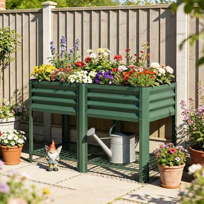 Lit de jardin surélevé en acier galvanisé avec tablette de rangement et doublure de lit, jardinière surélevée avec pieds pour fleurs, légumes et herbes, pour cour extérieure, gant inclus, vert