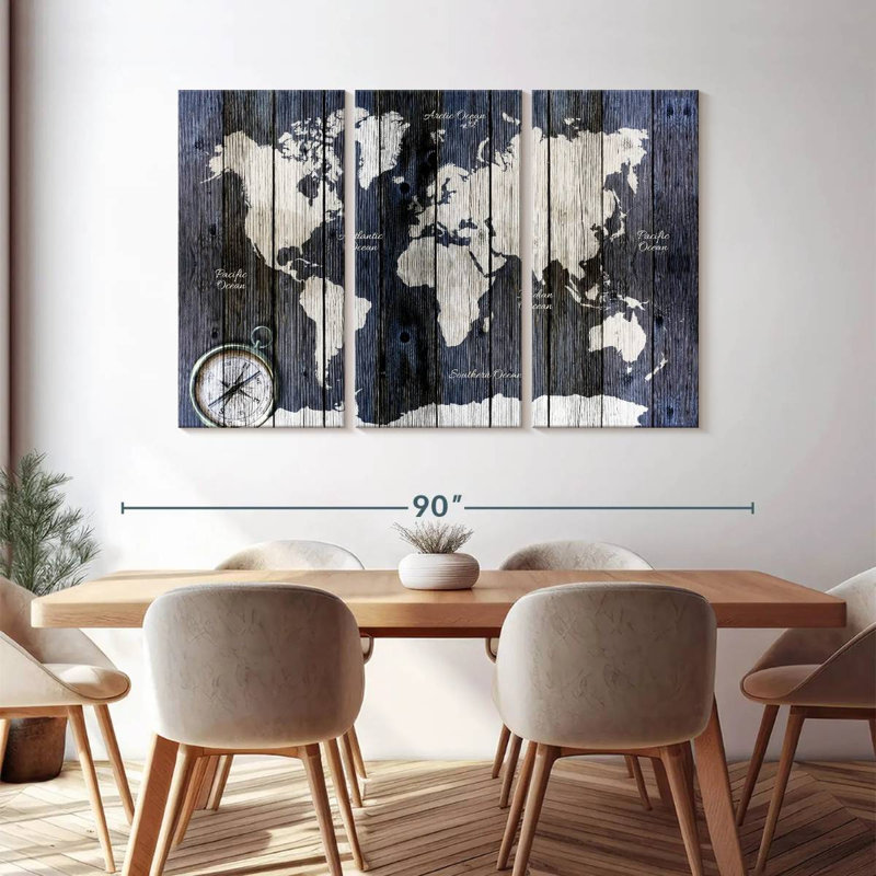 Carte du monde sur bois, carte du monde sur toile, reproduction de 3 pièces, H 48 po x l 74 po x P 1,25 po