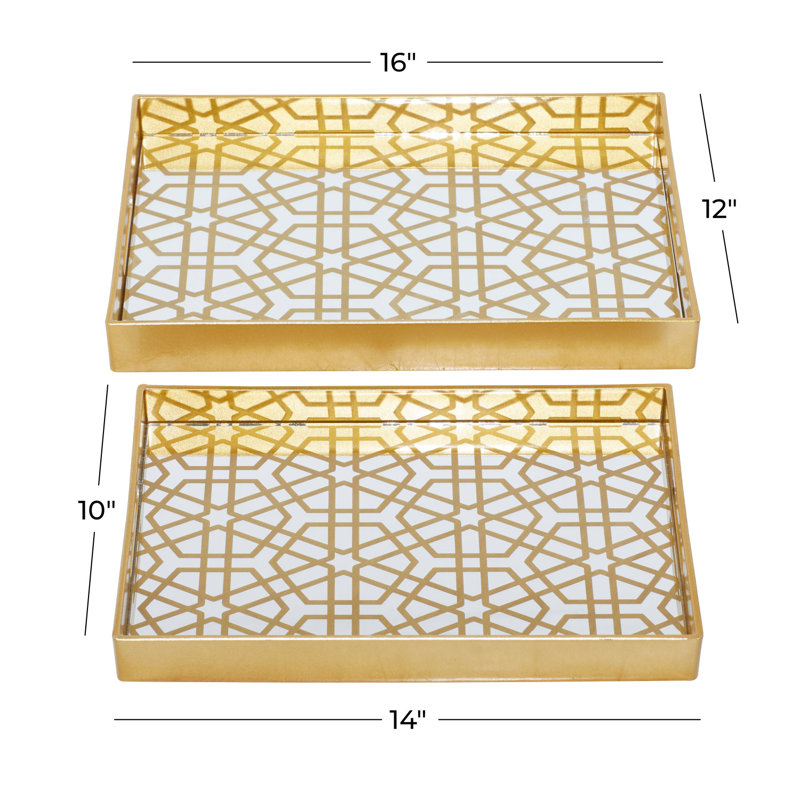 Plastic Mirrored Geometric Decor Gold Tray Set, 1.7"H x 12"W x 15.9"D / 1.7"H x 10.1"W x 13.9"D