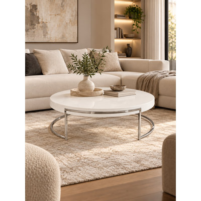 Chinmayi Coffee Table- Modern Round Coffee Table for Living Room, Bedroom, or Office - White Glossy Wood Coffee Table