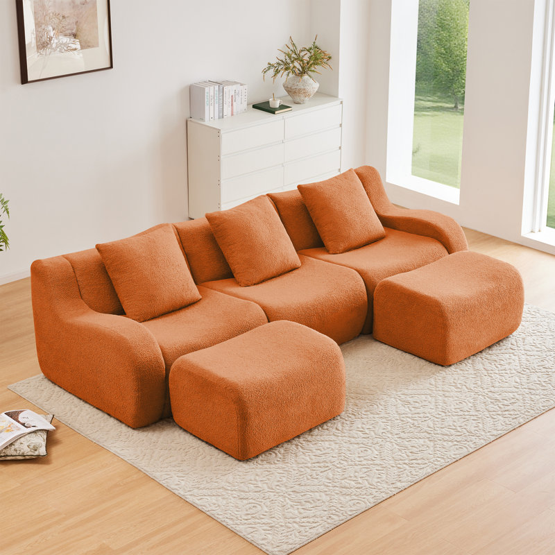 Canapé modulaire en tissu avec 2 repose-pieds Teddy, sans assemblage, Orange