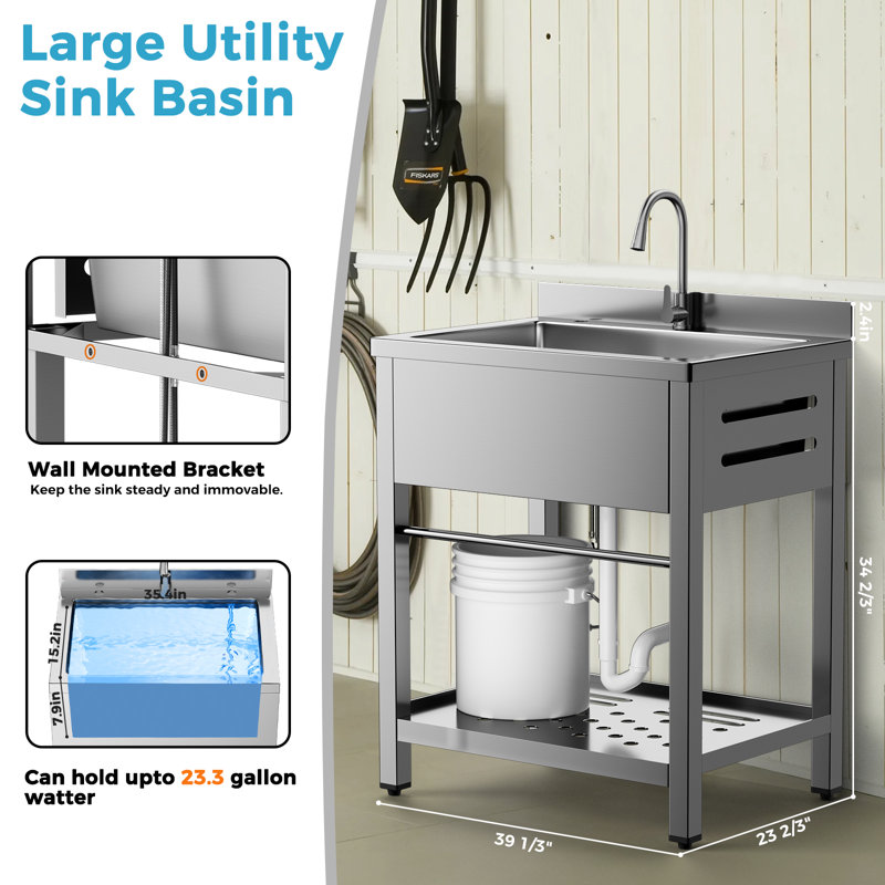39" Freestanding Utility Sink with Pull-Down Faucet, 304 Stainless Steel Laundry Tub with Towel Bar & Storage Shelf, Deep 23.3-Gallon Basin for Laundry Room, Garage, Workshop, Greenhouse & Pet Care